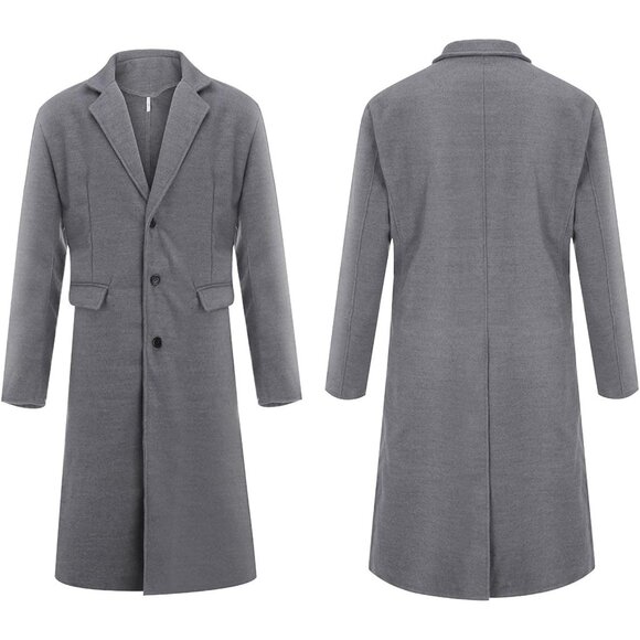 Men's Grey Slim Fit Notched Collar Long Casual Trench Coat with Pocket - Picture 6 of 6